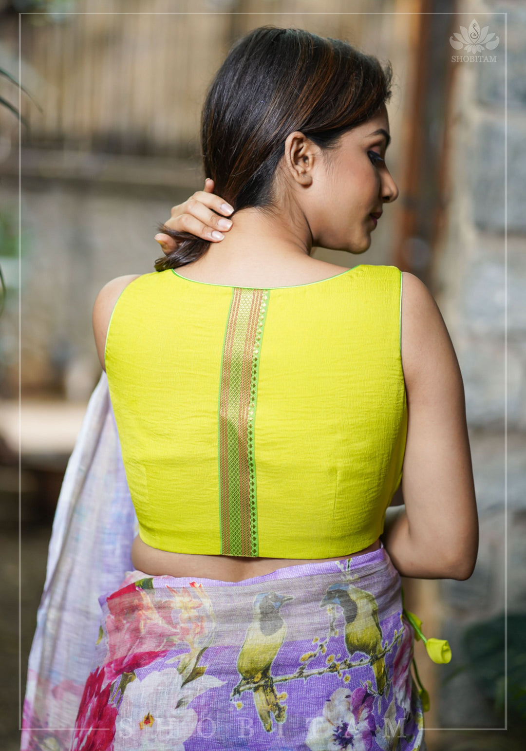 Lime Green Chiffon Crossover Blouse with Zari Detailing