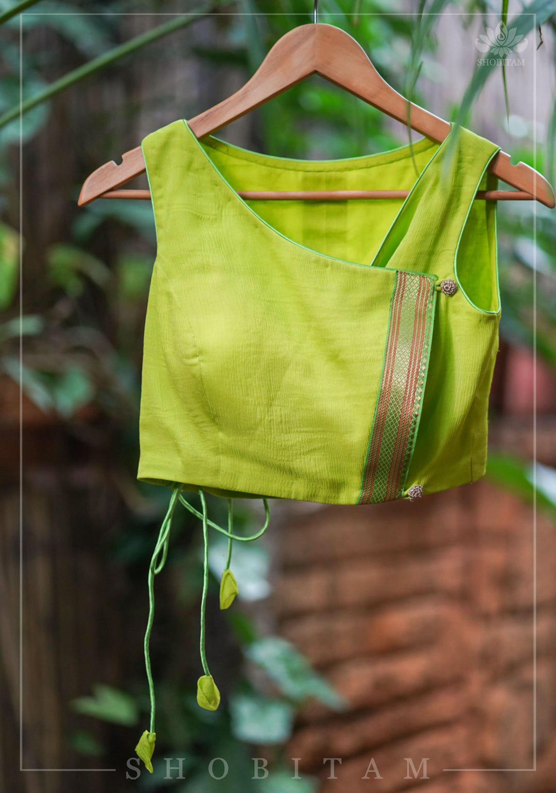 Lime Green Chiffon Crossover Blouse with Zari Detailing