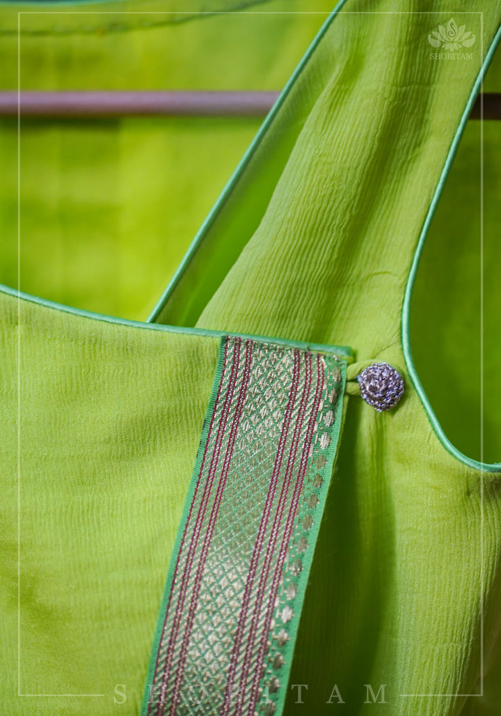 Lime Green Chiffon Crossover Blouse with Zari Detailing