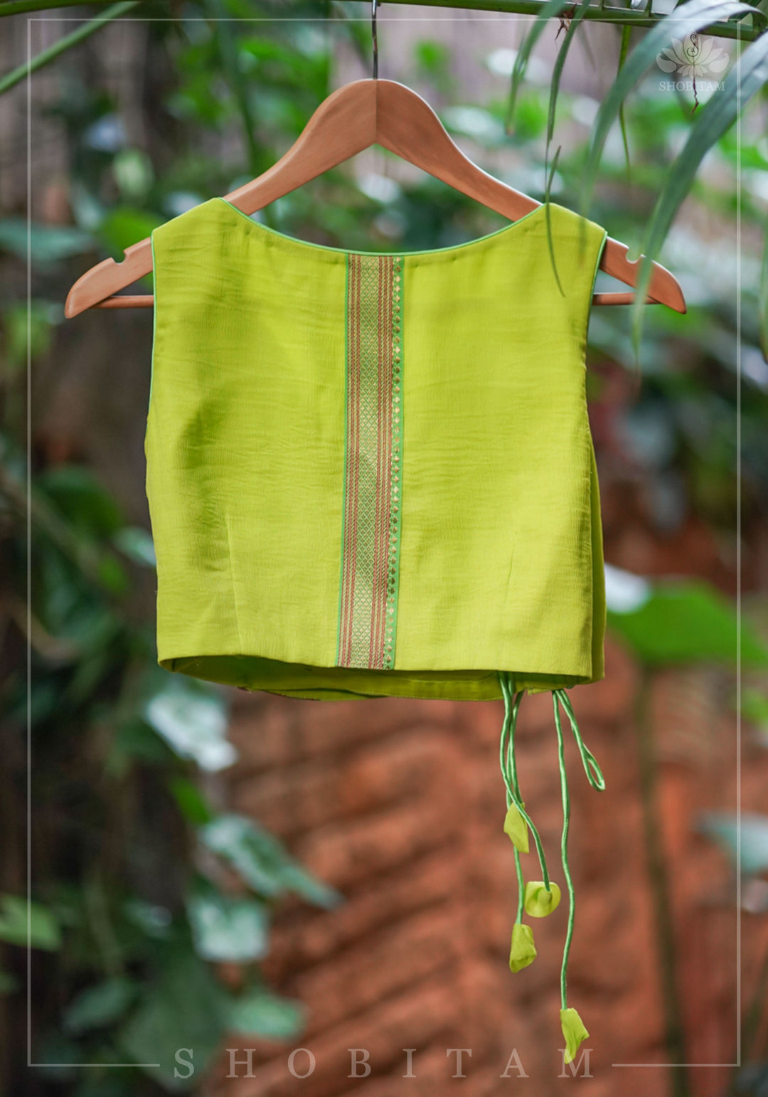 Lime Green Chiffon Crossover Blouse with Zari Detailing