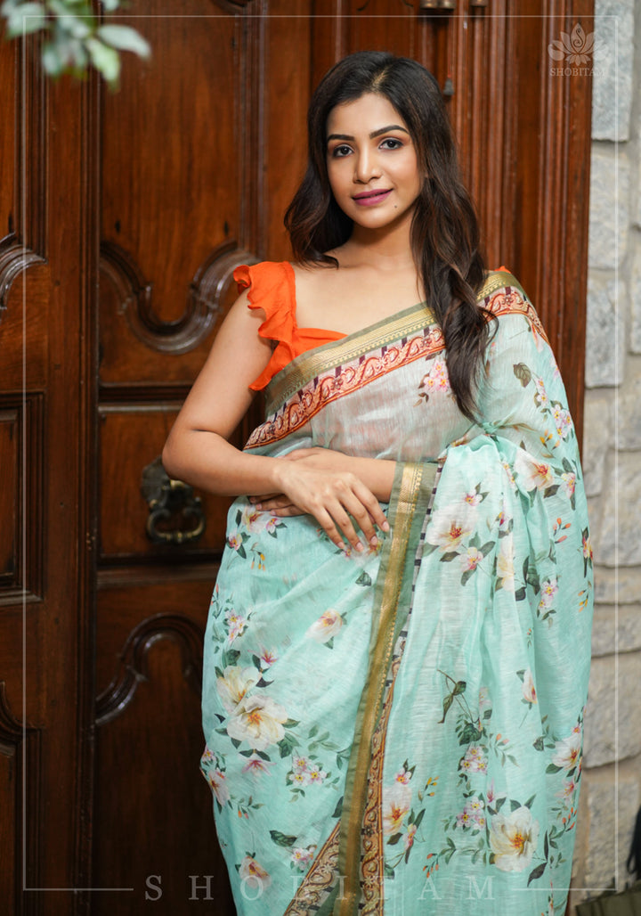 Aqua Silk Linen Saree with Floral Digital Print