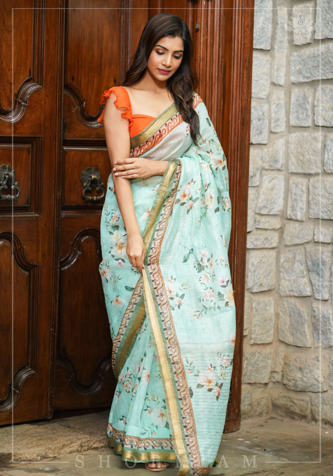 Aqua Silk Linen Saree with Floral Digital Print