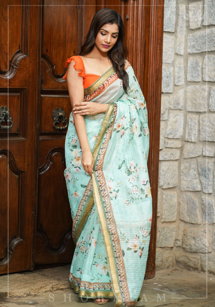 Aqua Silk Linen Saree with Floral Digital Print