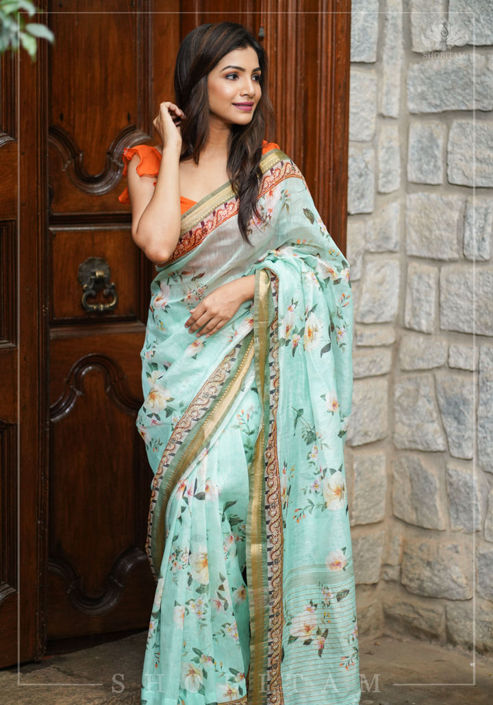 Aqua Silk Linen Saree with Floral Digital Print