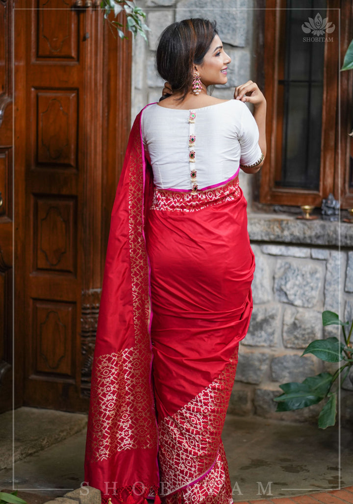 Grand Banarasi Silk Saree with Trellis Pattern Border in Red | SILK MARK CERTIFIED