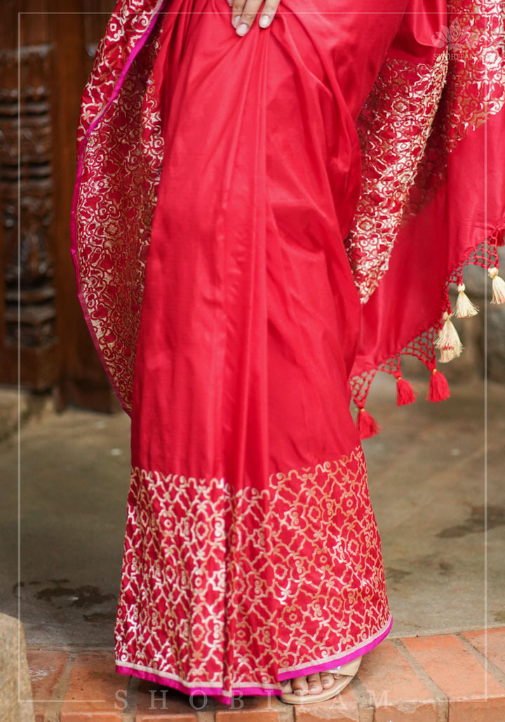 Grand Banarasi Silk Saree with Trellis Pattern Border in Red | SILK MARK CERTIFIED