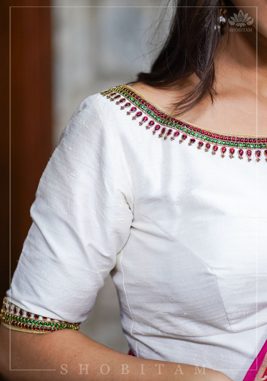 Ivory Pure Raw Silk Blouse with Kemp work detailing on boat neck and Jadau back buttons