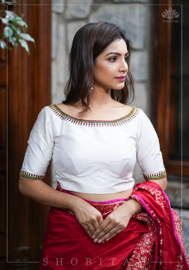 Ivory Pure Raw Silk Blouse with Kemp work detailing on boat neck and Jadau back buttons