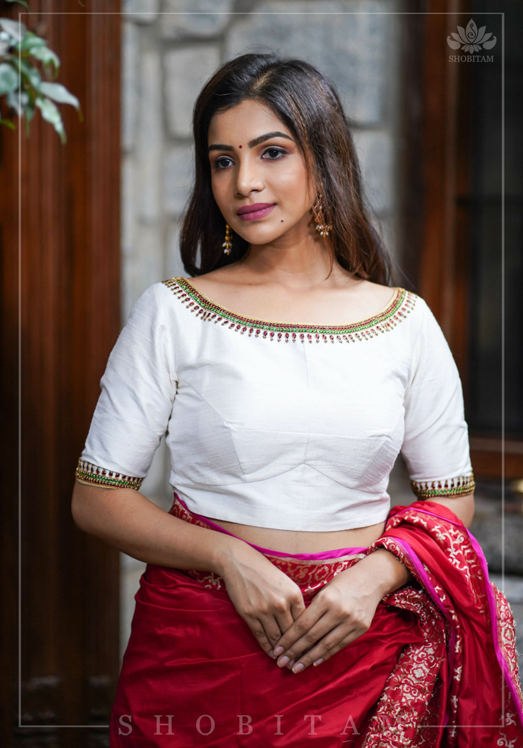 Ivory Pure Raw Silk Blouse with Kemp work detailing on boat neck and Jadau back buttons
