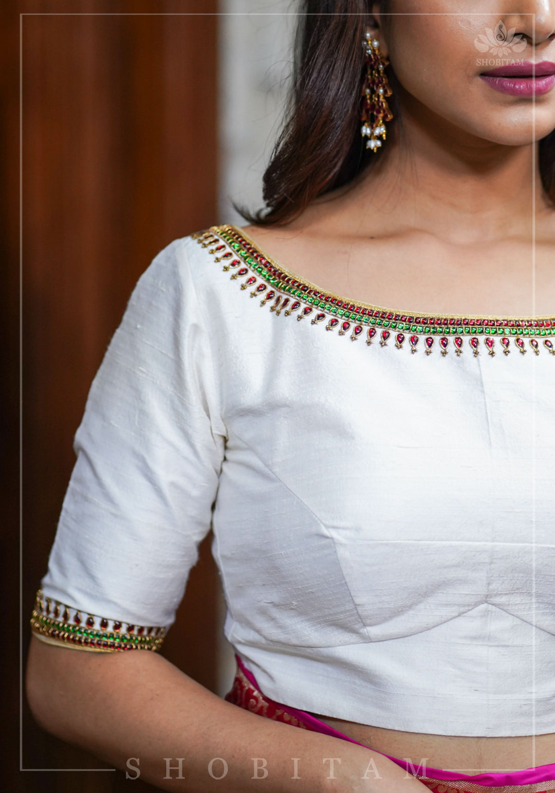 Ivory Pure Raw Silk Blouse with Kemp work detailing on boat neck and Jadau back buttons