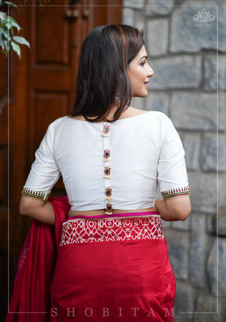 Ivory Pure Raw Silk Blouse with Kemp work detailing on boat neck and Jadau back buttons