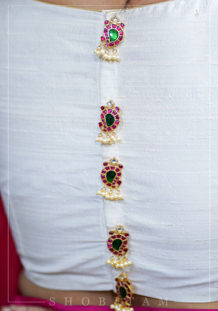 Ivory Pure Raw Silk Blouse with Kemp work detailing on boat neck and Jadau back buttons