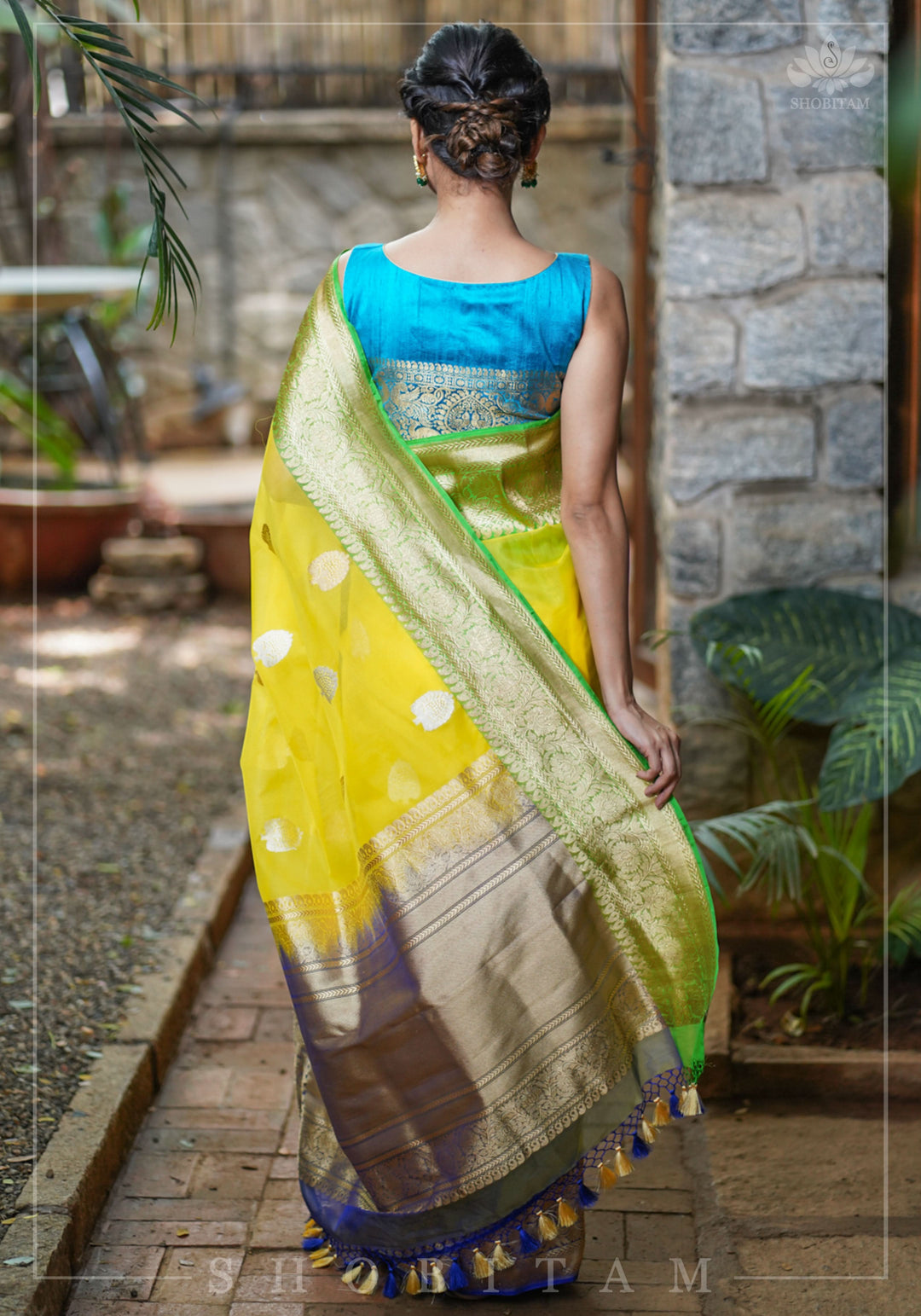 Banarasi Silk Organza Saree in Yellow with Ganga Jamuna Borders | SILK MARK CERTIFIED | SHOBITAM