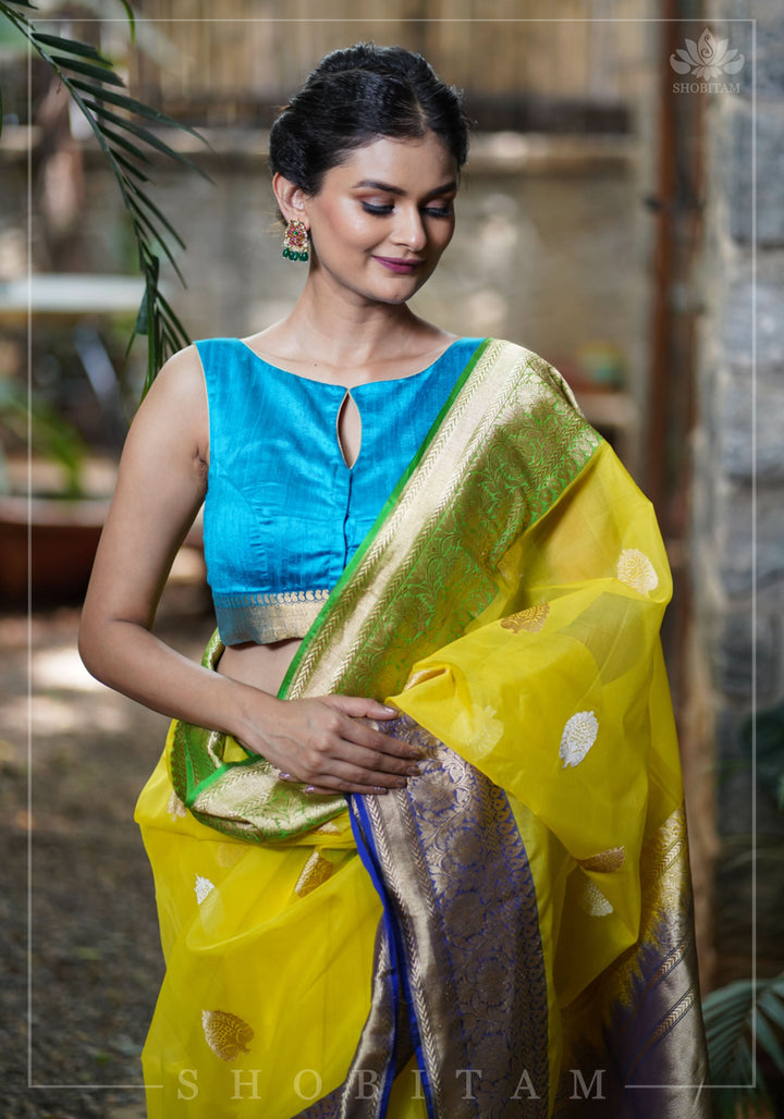 Pure Raw Silk Sleeveless blouse in Blue Green with Wide Kanchi Border detailing in back