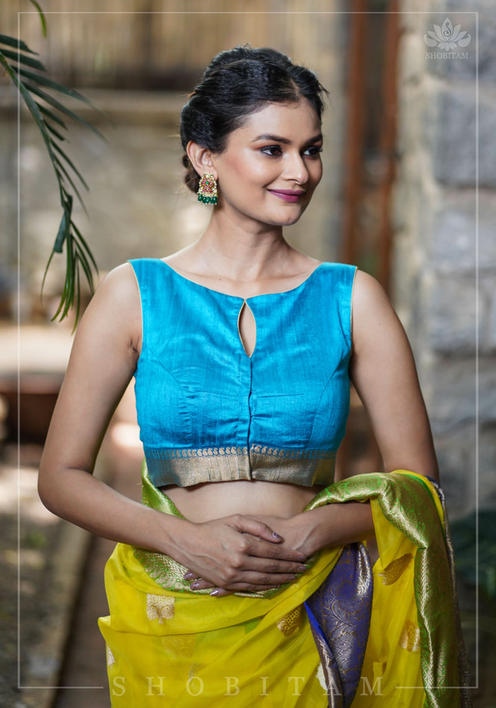 Pure Raw Silk Sleeveless blouse in Blue Green with Wide Kanchi Border detailing in back