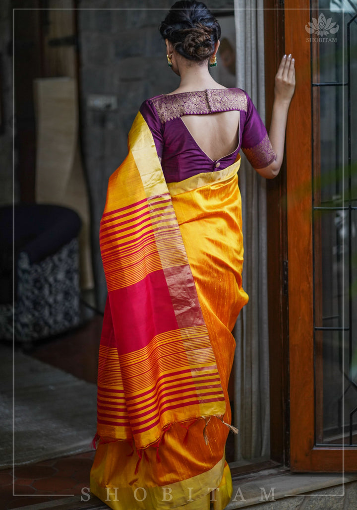 Pure Raw Silk Saree in Orange & Red Dual Tone and Zari Border | SILK MARK CERTIFIED