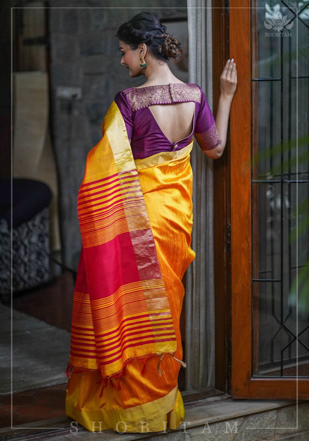 Pure Raw Silk Saree in Orange & Red Dual Tone and Zari Border | SILK MARK CERTIFIED