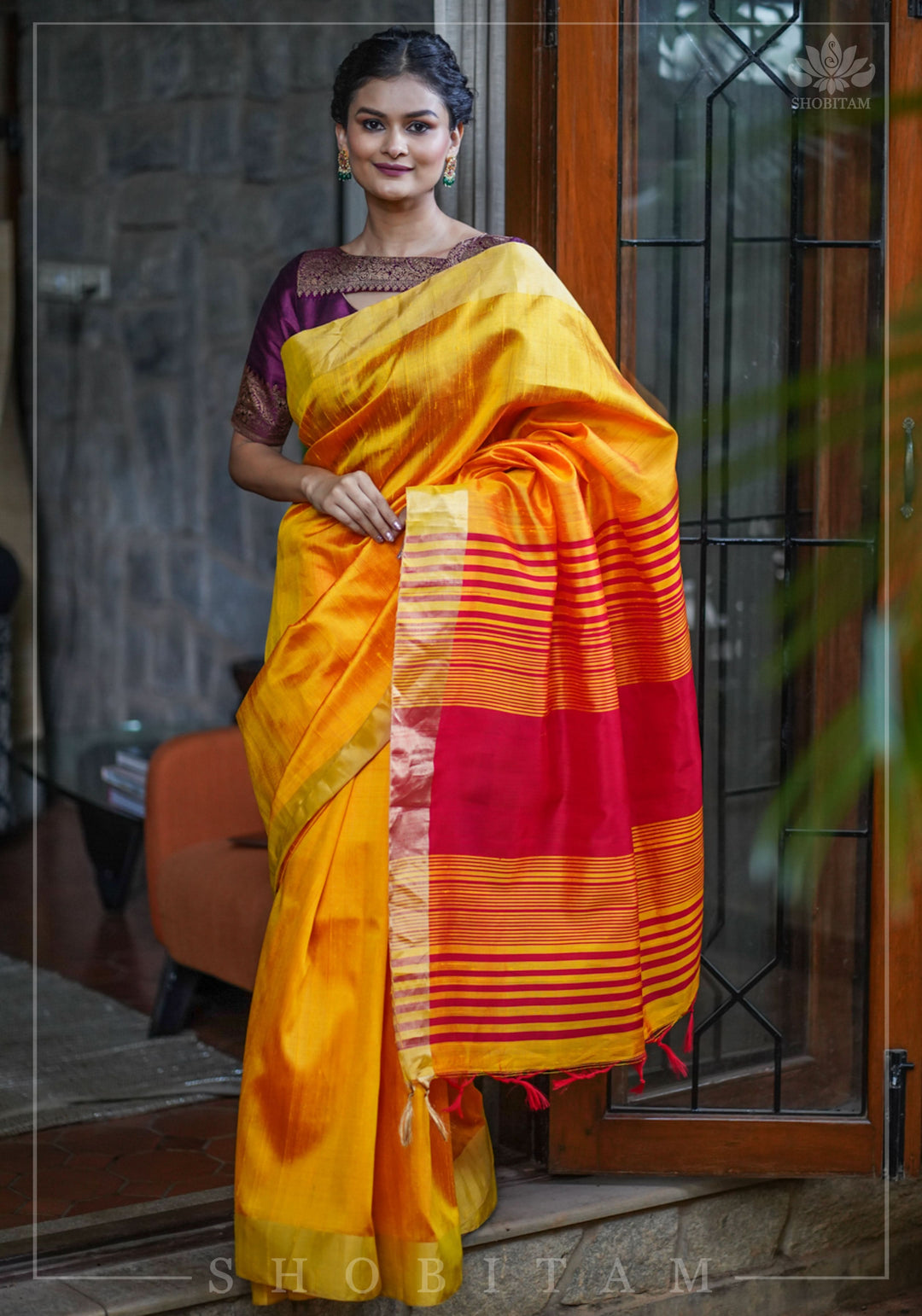 Pure Raw Silk Saree in Orange & Red Dual Tone and Zari Border | SILK MARK CERTIFIED