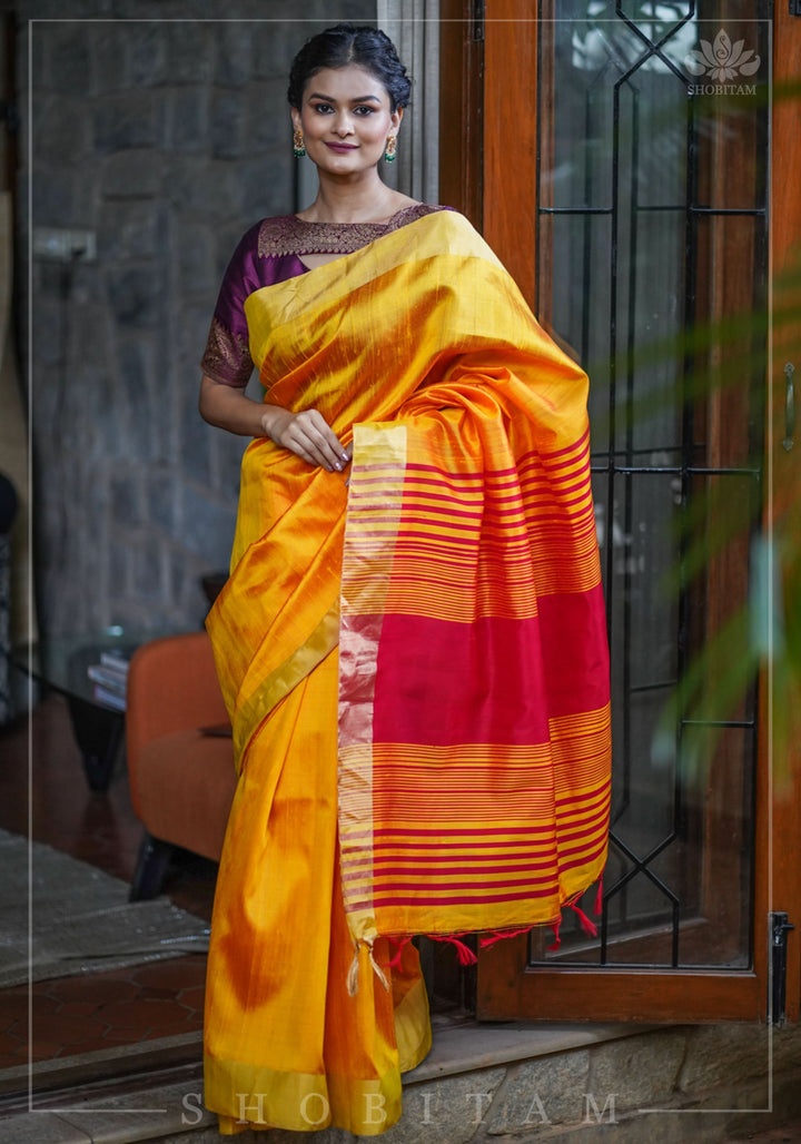 Pure Raw Silk Saree in Orange & Red Dual Tone and Zari Border | SILK MARK CERTIFIED
