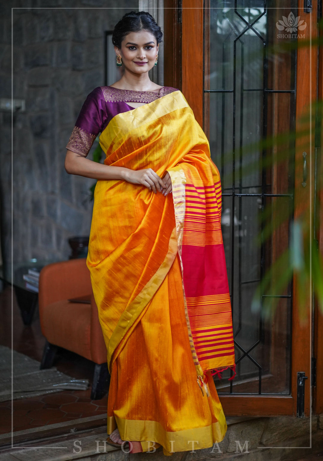 Pure Raw Silk Saree in Orange & Red Dual Tone and Zari Border | SILK MARK CERTIFIED