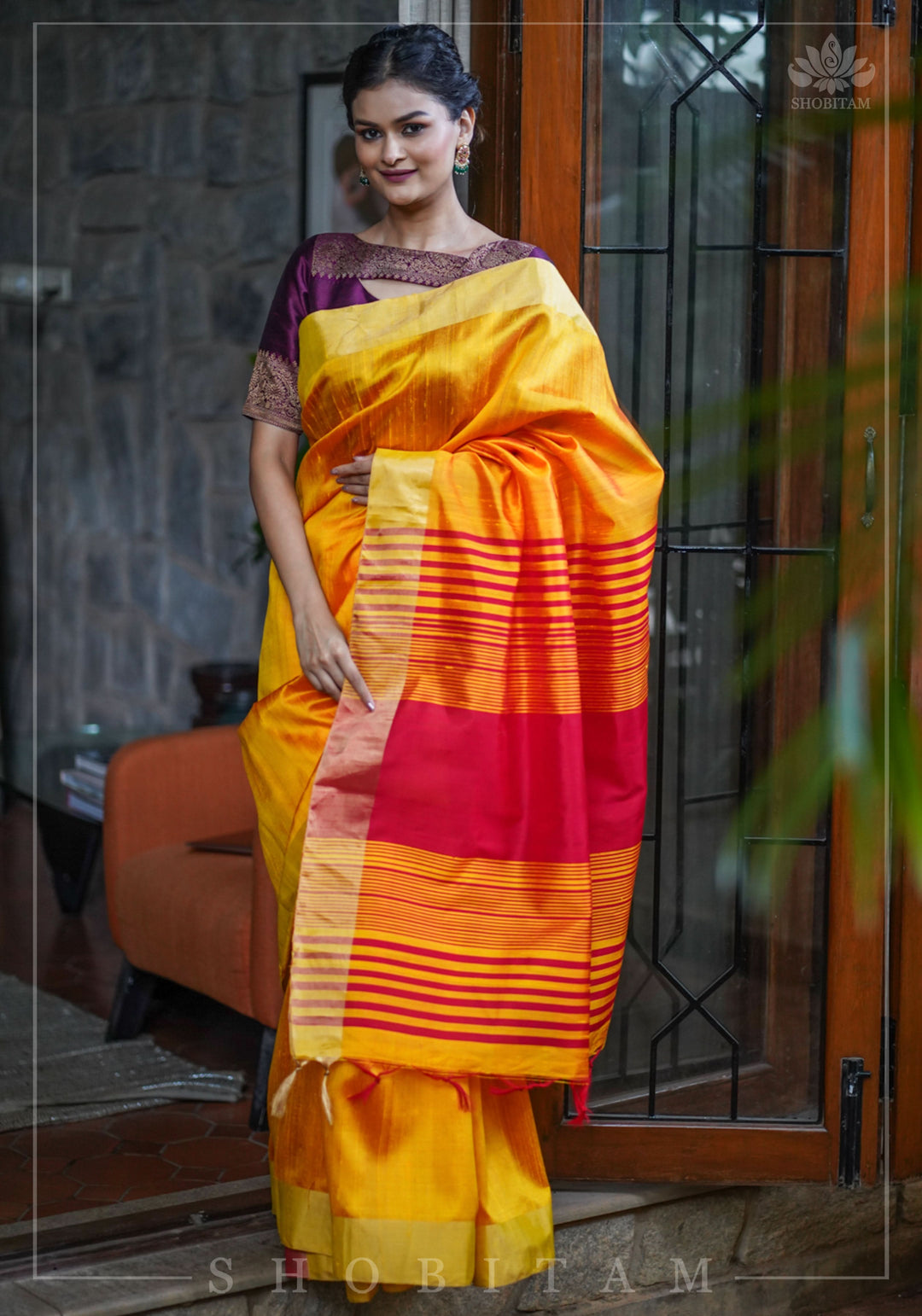 Pure Raw Silk Saree in Orange & Red Dual Tone and Zari Border | SILK MARK CERTIFIED