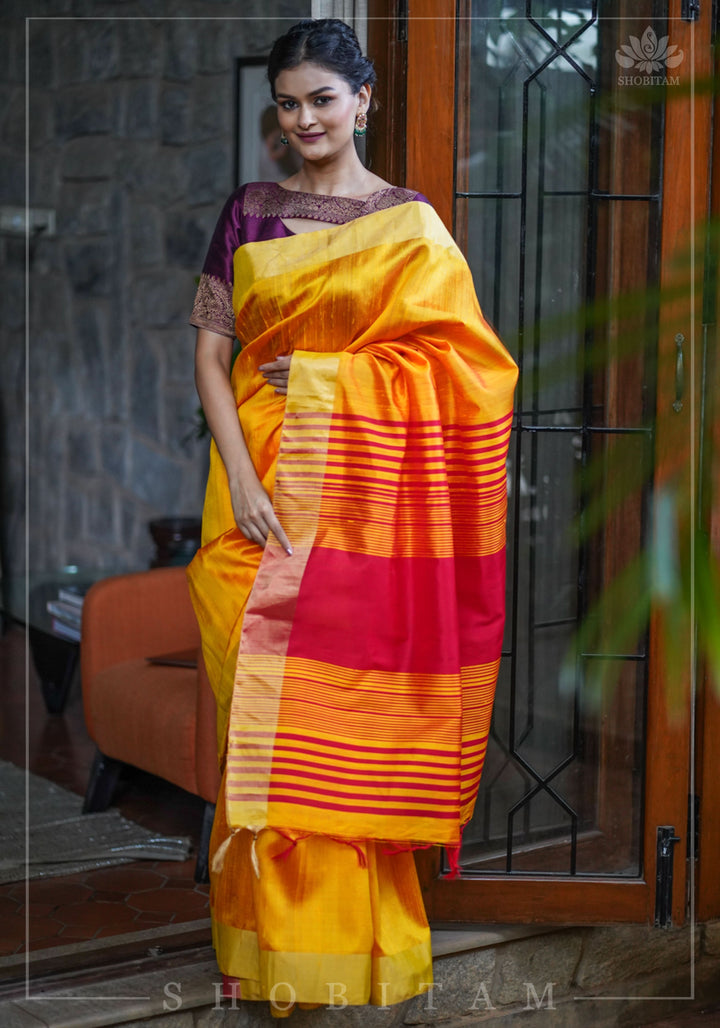Pure Raw Silk Saree in Orange & Red Dual Tone and Zari Border | SILK MARK CERTIFIED