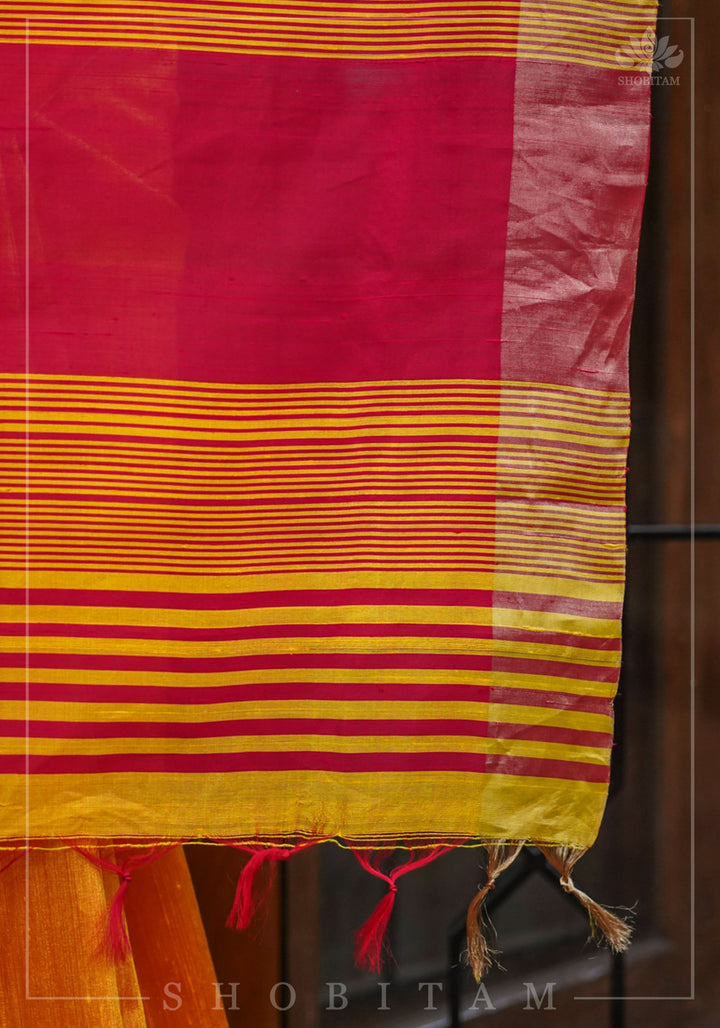 Pure Raw Silk Saree in Orange & Red Dual Tone and Zari Border | SILK MARK CERTIFIED