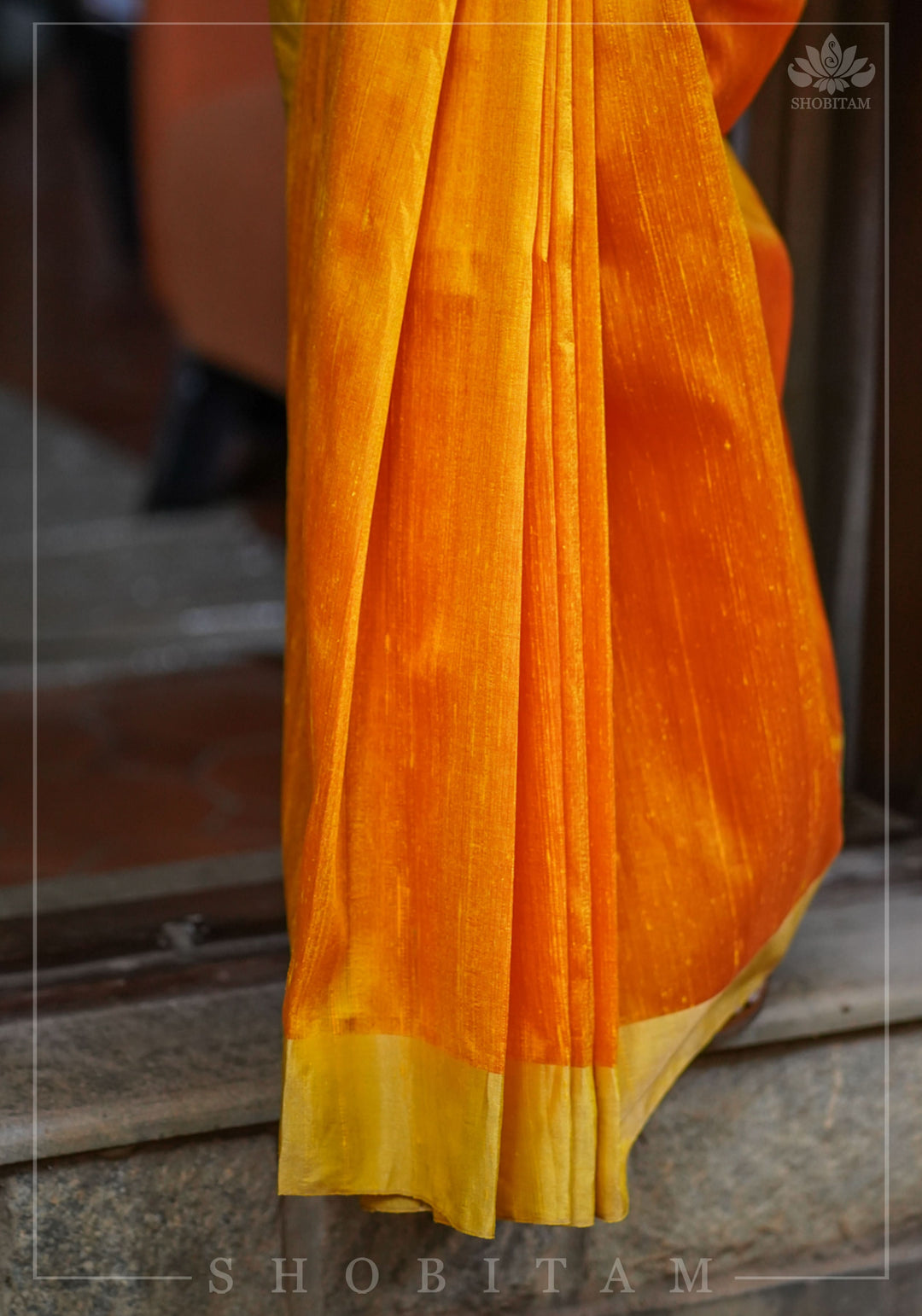 Pure Raw Silk Saree in Orange & Red Dual Tone and Zari Border | SILK MARK CERTIFIED