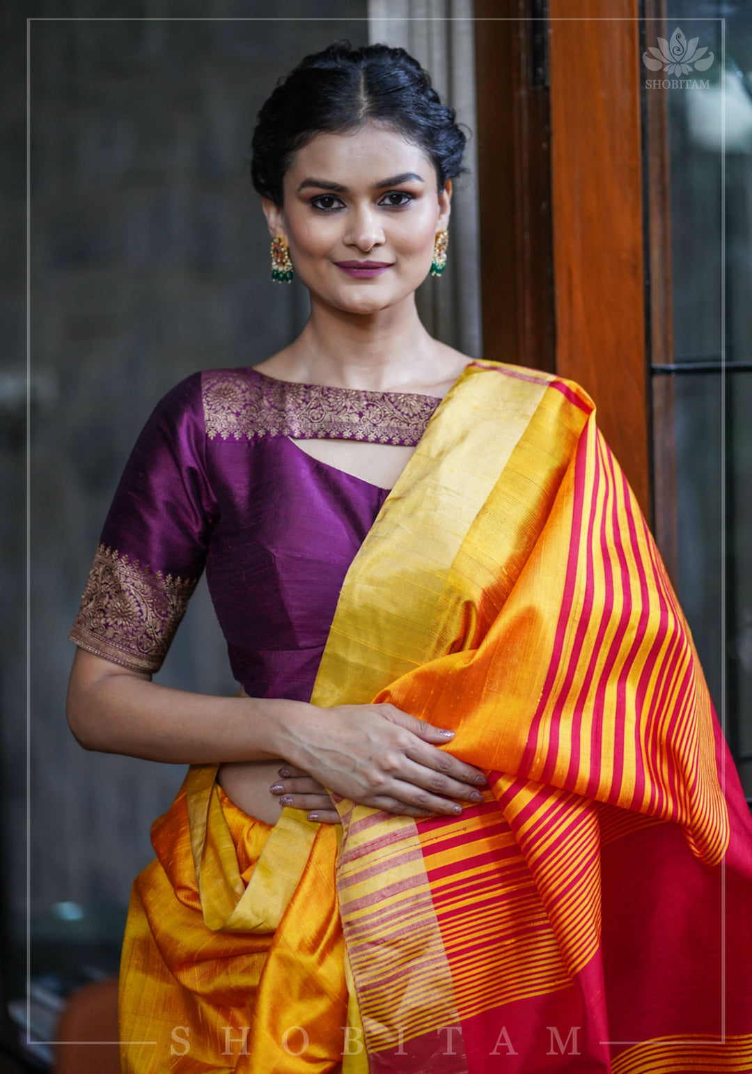 Pure Raw Silk Saree in Orange & Red Dual Tone and Zari Border | SILK MARK CERTIFIED