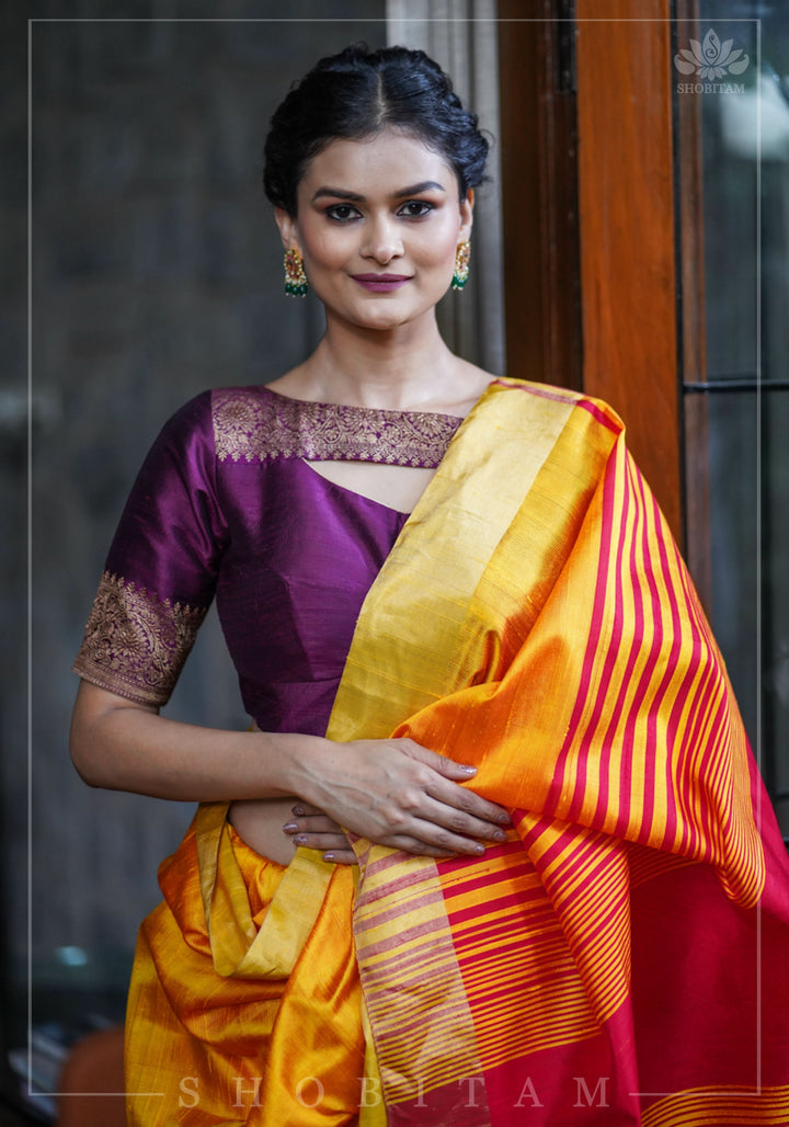 Pure Raw Silk Saree in Orange & Red Dual Tone and Zari Border | SILK MARK CERTIFIED