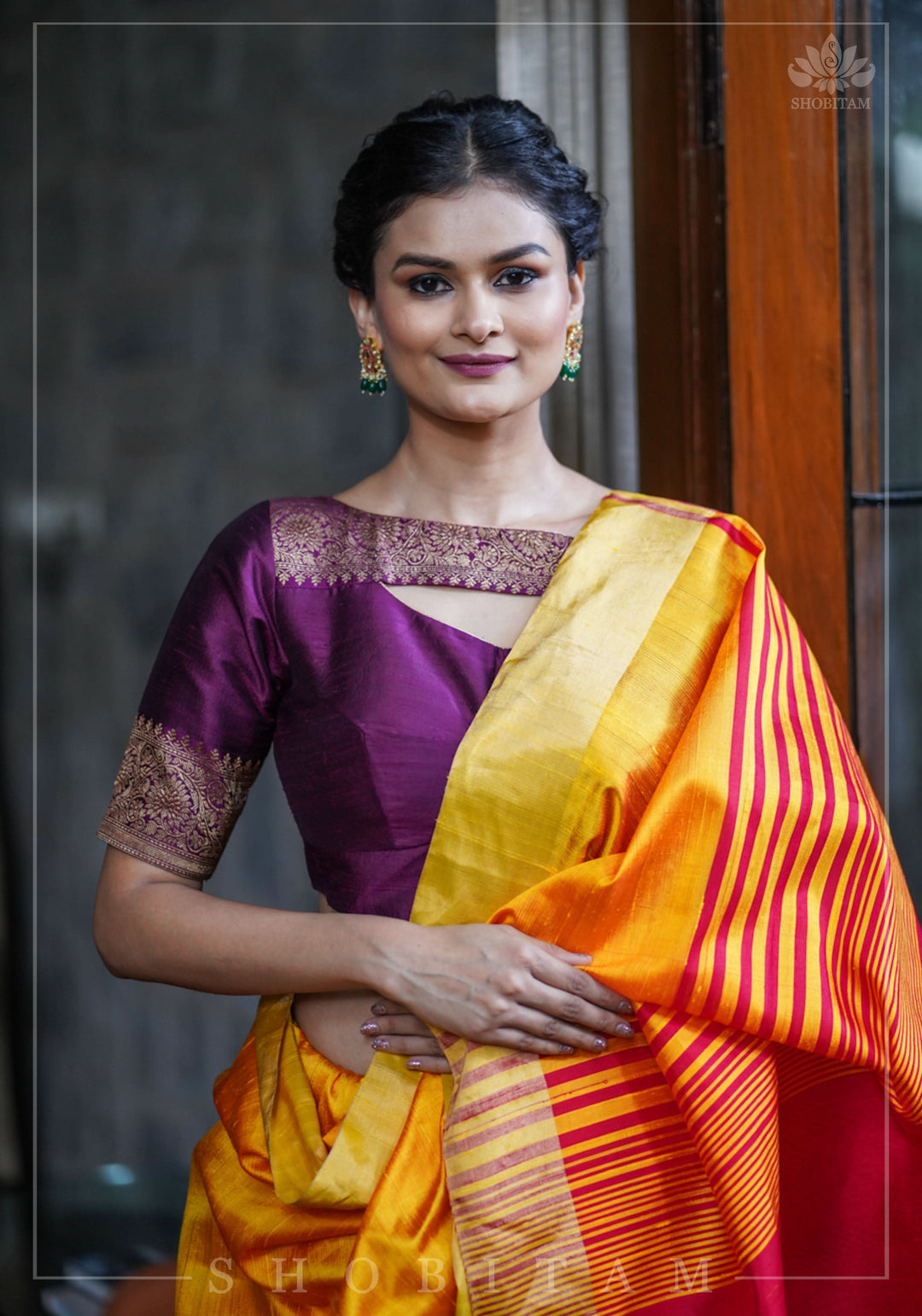 Pure Raw Silk Saree in Orange & Red Dual Tone and Zari Border | SILK MARK CERTIFIED