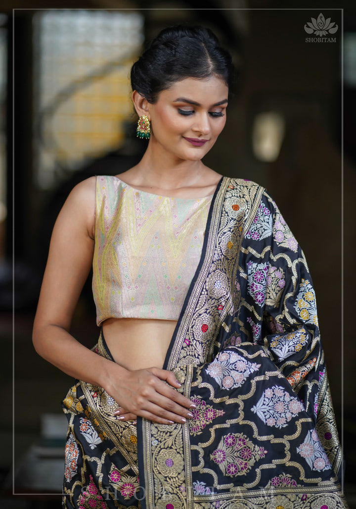 Authentic Kadhuwa Jungla Multi-color Meenakari Jaal Banarasi Silk Saree in Black with Grand Pallu and Zari  | SILK MARK CERTIFIED