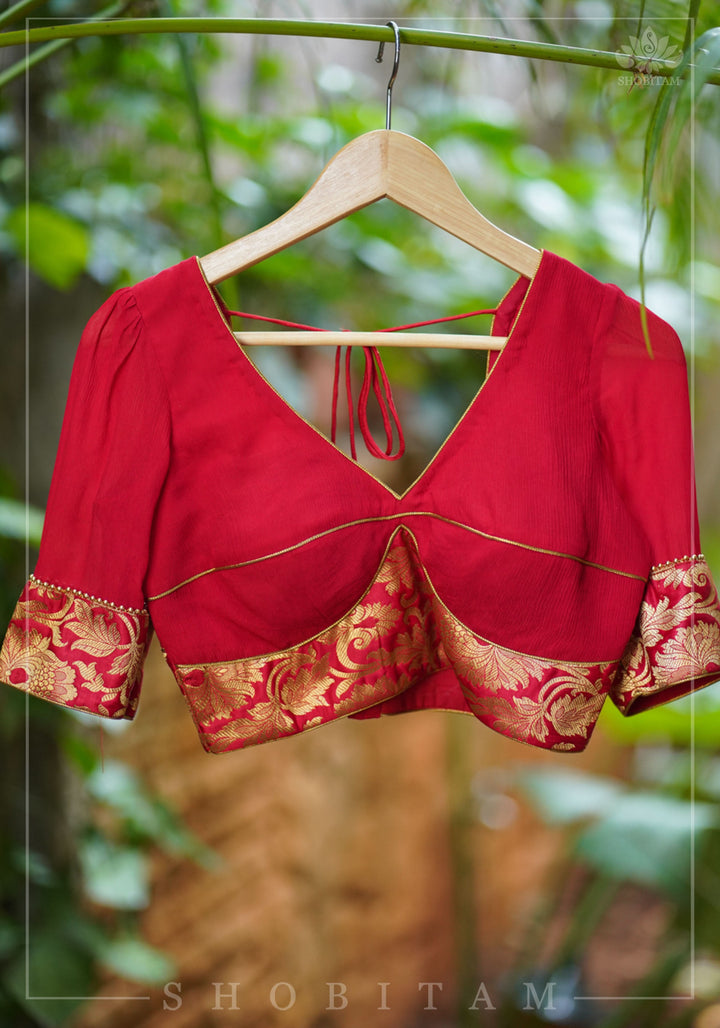 Red Chiffon Blouse with Brocade detailing