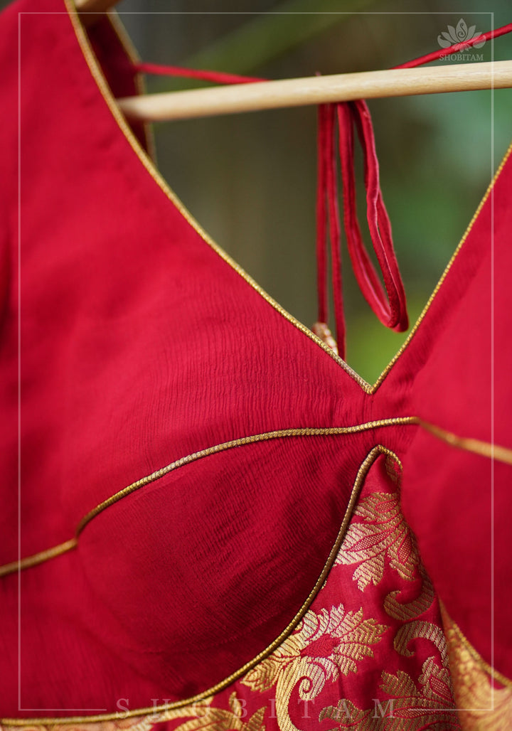 Red Chiffon Blouse with Brocade detailing