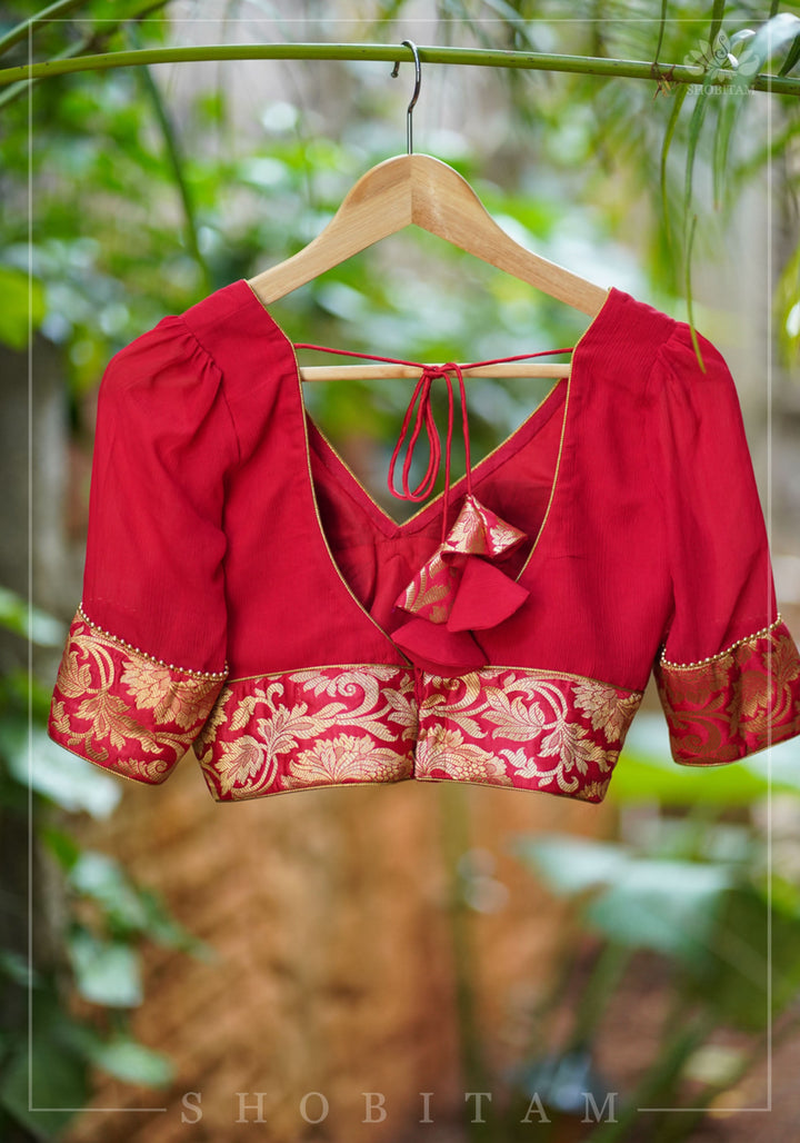 Red Chiffon Blouse with Brocade detailing