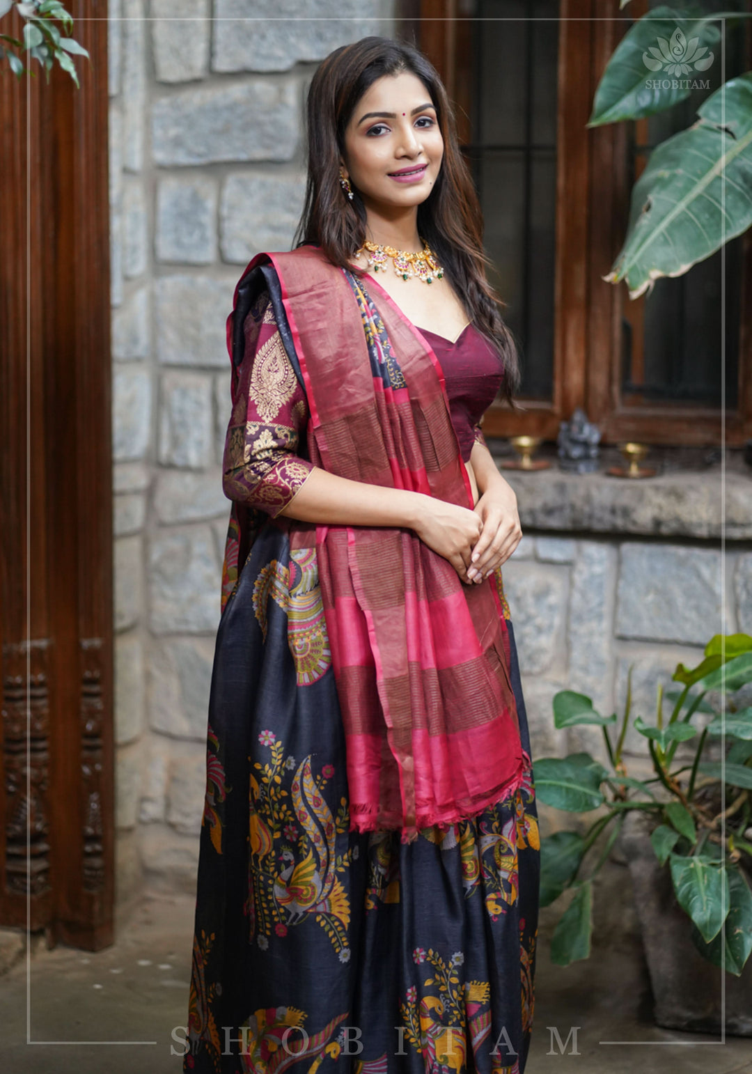 Jari Tussar Lightweight Silk Saree in Black and Maroon with Kalamkari Digital Print  | SILK MARK CERTIFIED
