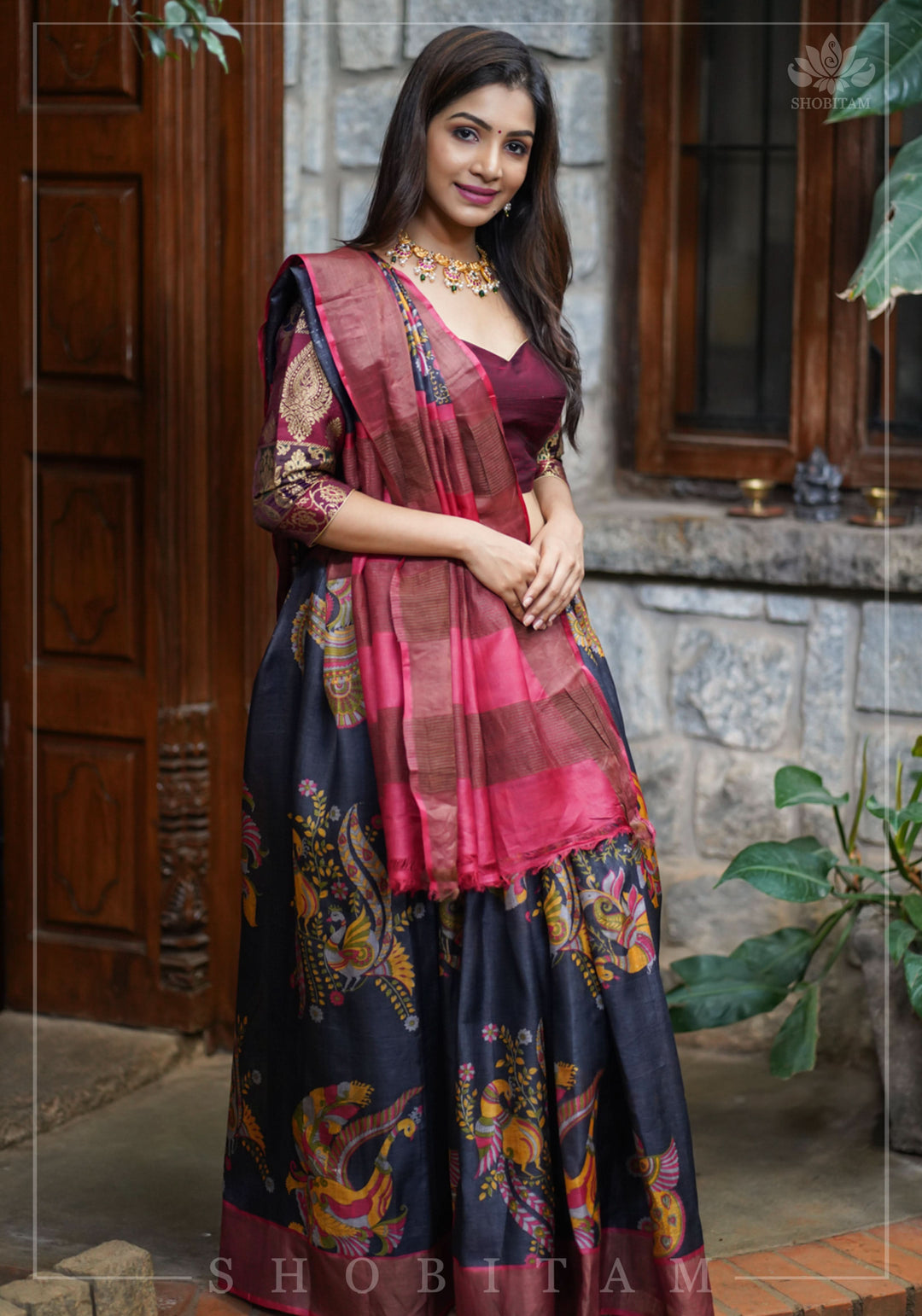 Jari Tussar Lightweight Silk Saree in Black and Maroon with Kalamkari Digital Print  | SILK MARK CERTIFIED