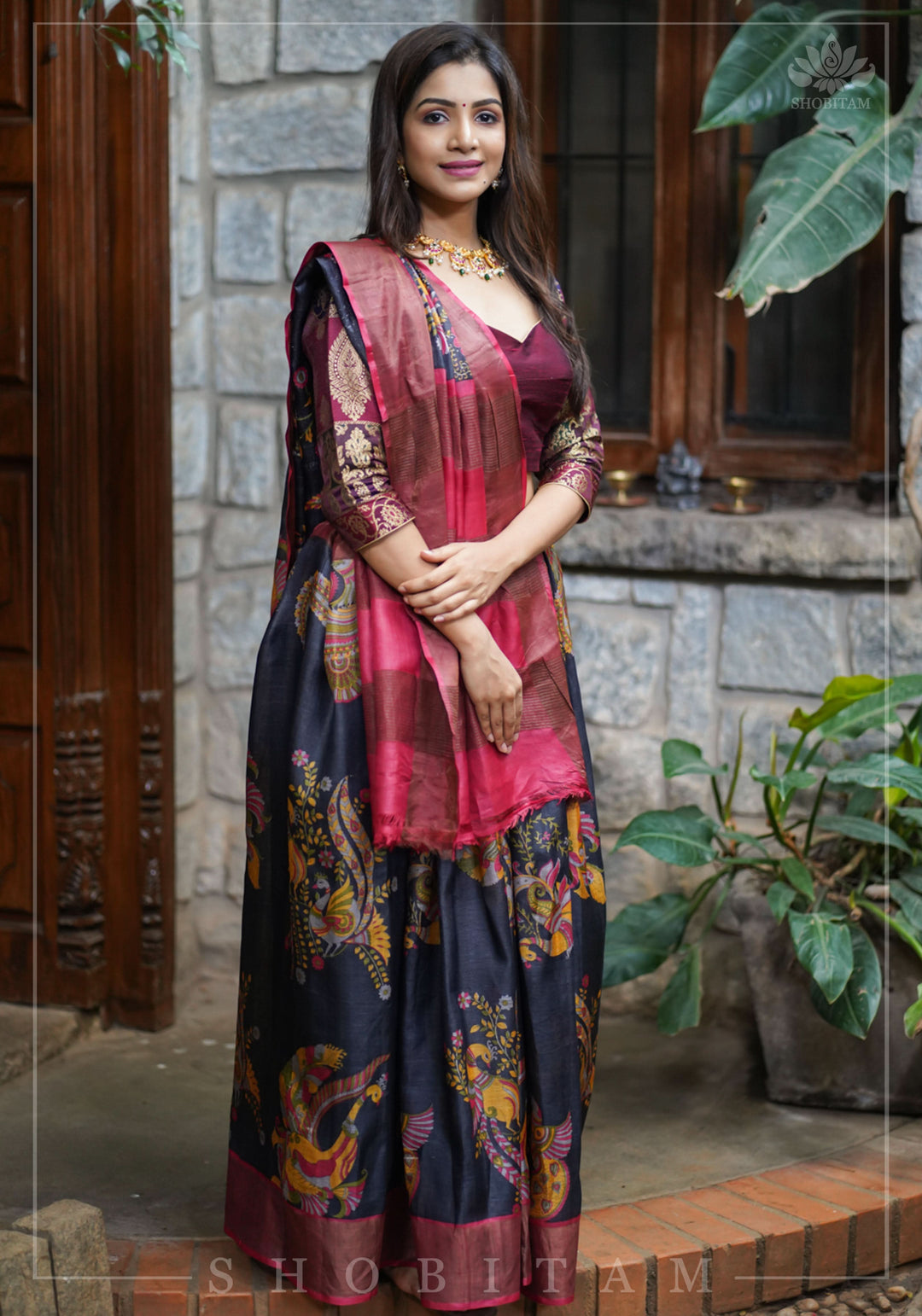 Jari Tussar Lightweight Silk Saree in Black and Maroon with Kalamkari Digital Print  | SILK MARK CERTIFIED