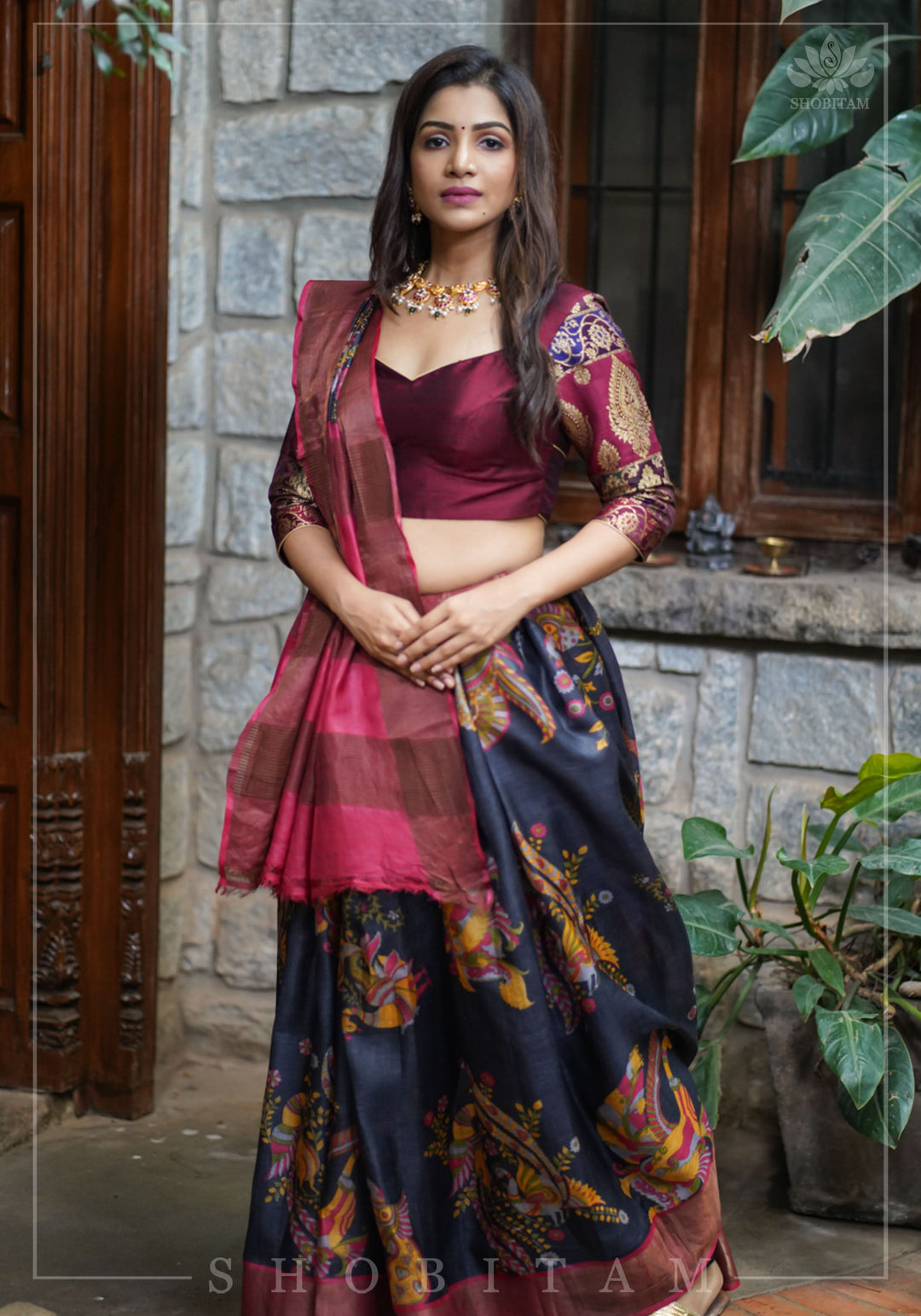 Jari Tussar Lightweight Silk Saree in Black and Maroon with Kalamkari Digital Print  | SILK MARK CERTIFIED