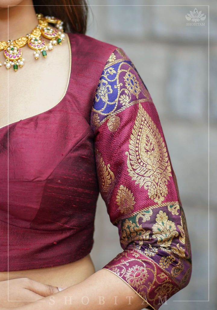Pure Raw Silk and Below elbow sleeve Sleeve Banarasi Brocade Blouse in Maroon