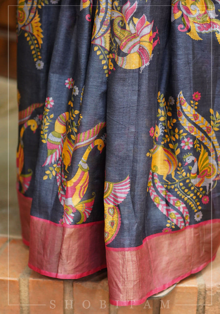Jari Tussar Lightweight Silk Saree in Black and Maroon with Kalamkari Digital Print  | SILK MARK CERTIFIED
