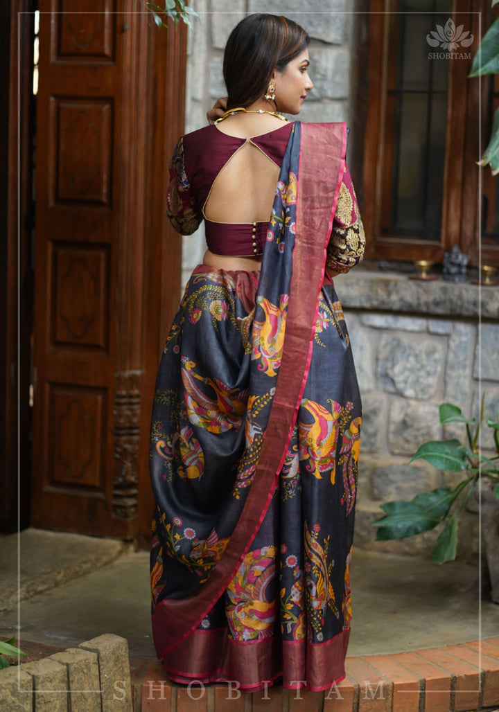 Pure Raw Silk and Below elbow sleeve Sleeve Banarasi Brocade Blouse in Maroon