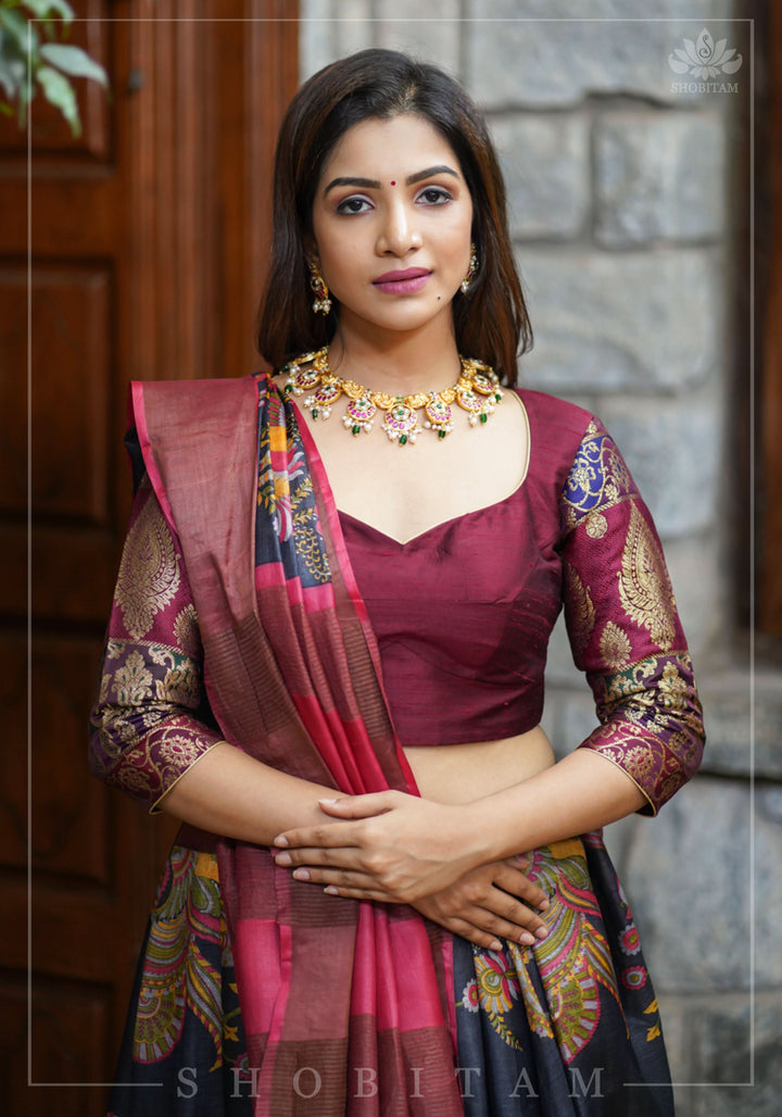 Pure Raw Silk and Below elbow sleeve Sleeve Banarasi Brocade Blouse in Maroon
