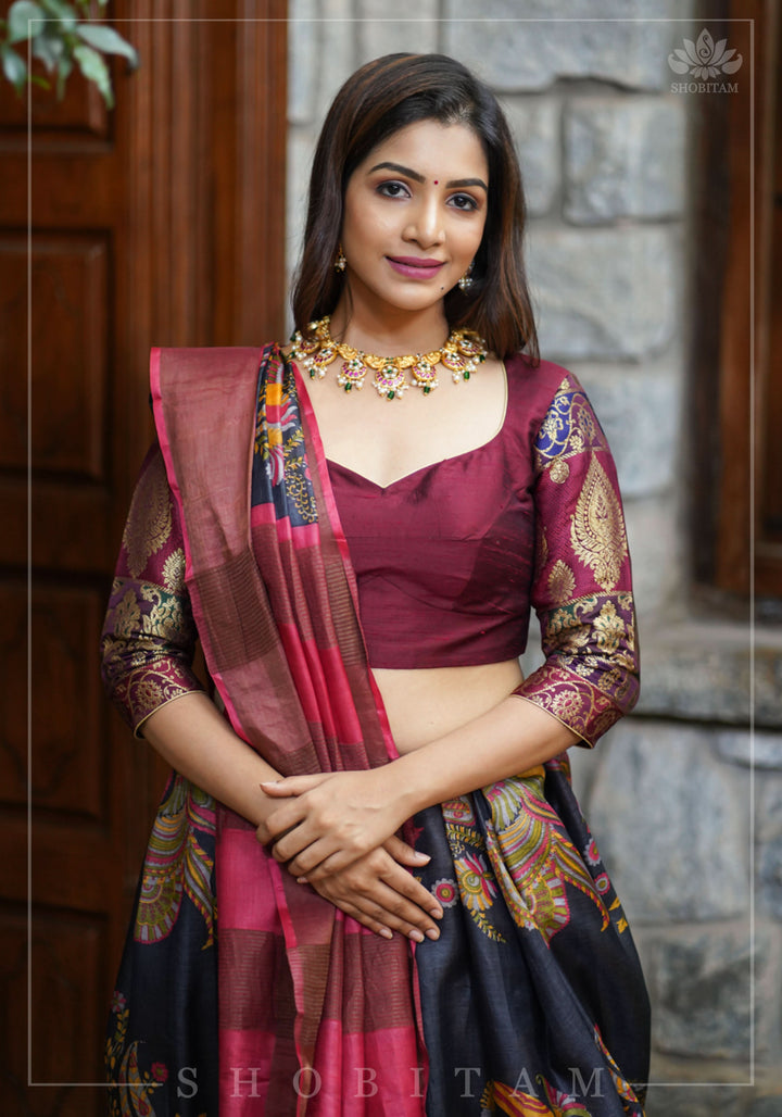 Pure Raw Silk and Below elbow sleeve Sleeve Banarasi Brocade Blouse in Maroon