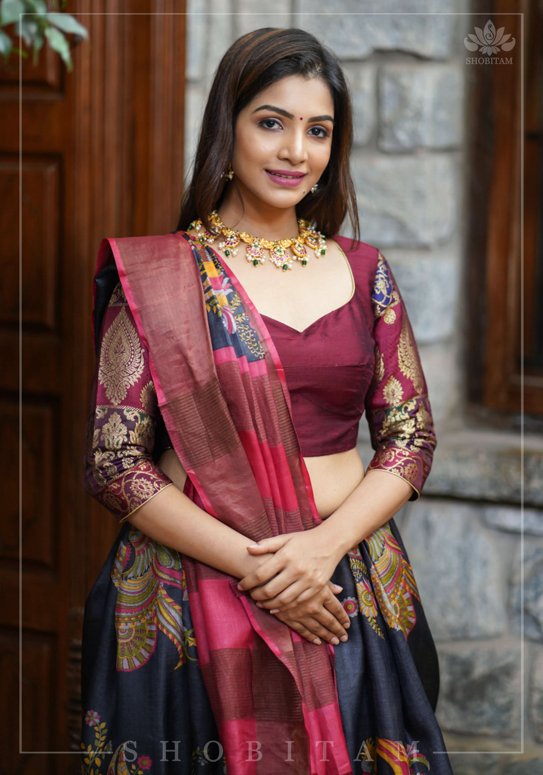 Pure Raw Silk and Below elbow sleeve Sleeve Banarasi Brocade Blouse in Maroon
