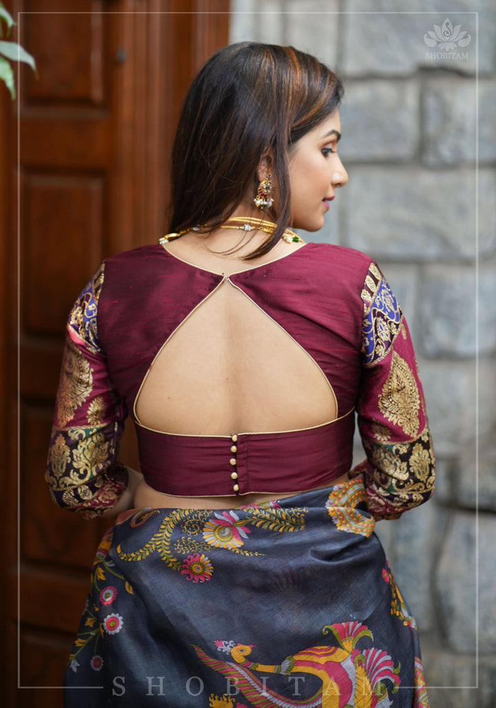 Pure Raw Silk and Below elbow sleeve Sleeve Banarasi Brocade Blouse in Maroon