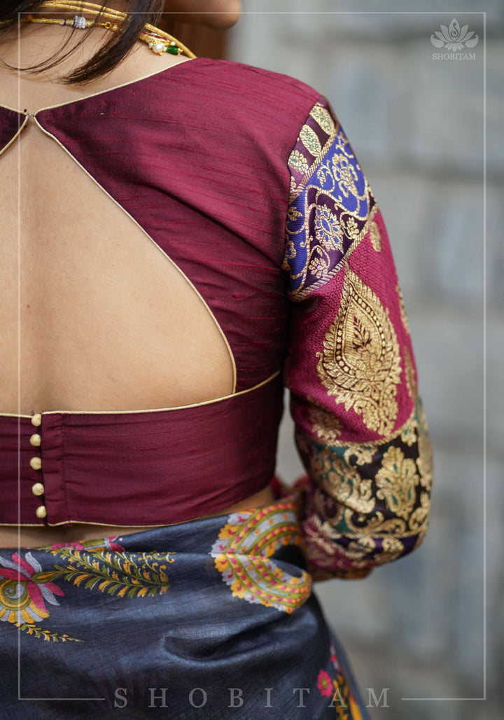 Pure Raw Silk and Below elbow sleeve Sleeve Banarasi Brocade Blouse in Maroon