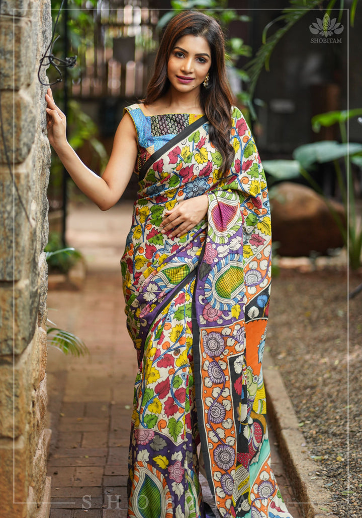 Hand Kalamkari on Chennuri silk with florals and Radha Krishna Pallu