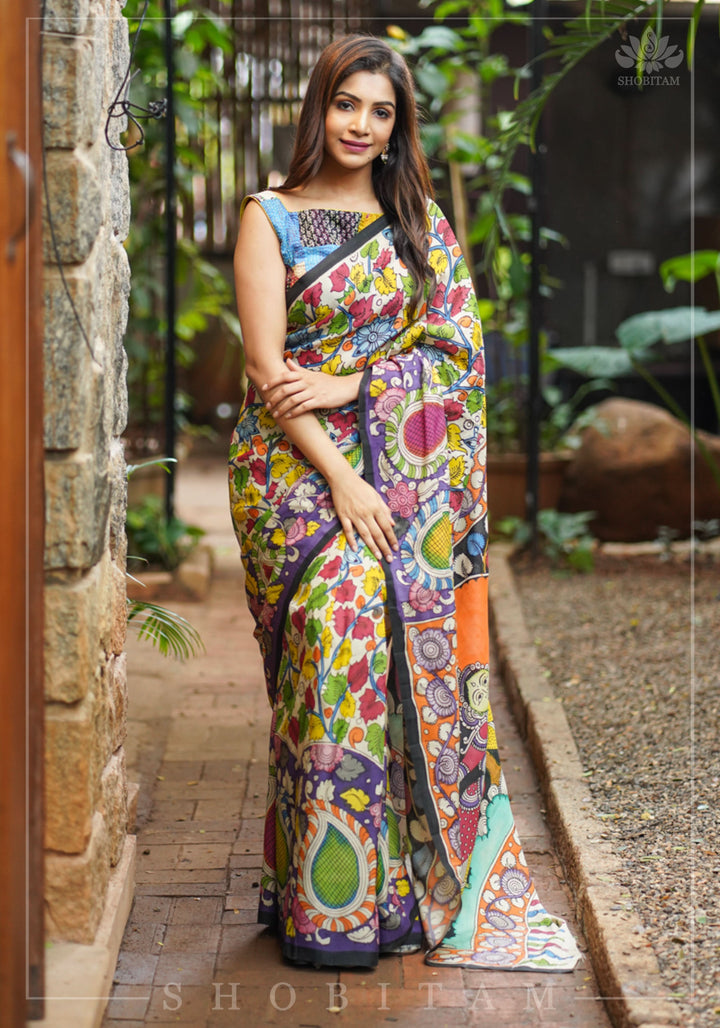 Hand Kalamkari on Chennuri silk with florals and Radha Krishna Pallu