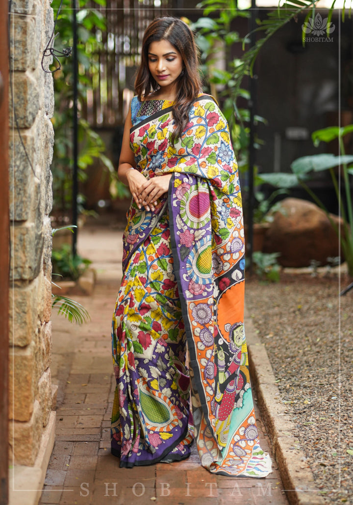 Hand Kalamkari on Chennuri silk with florals and Radha Krishna Pallu